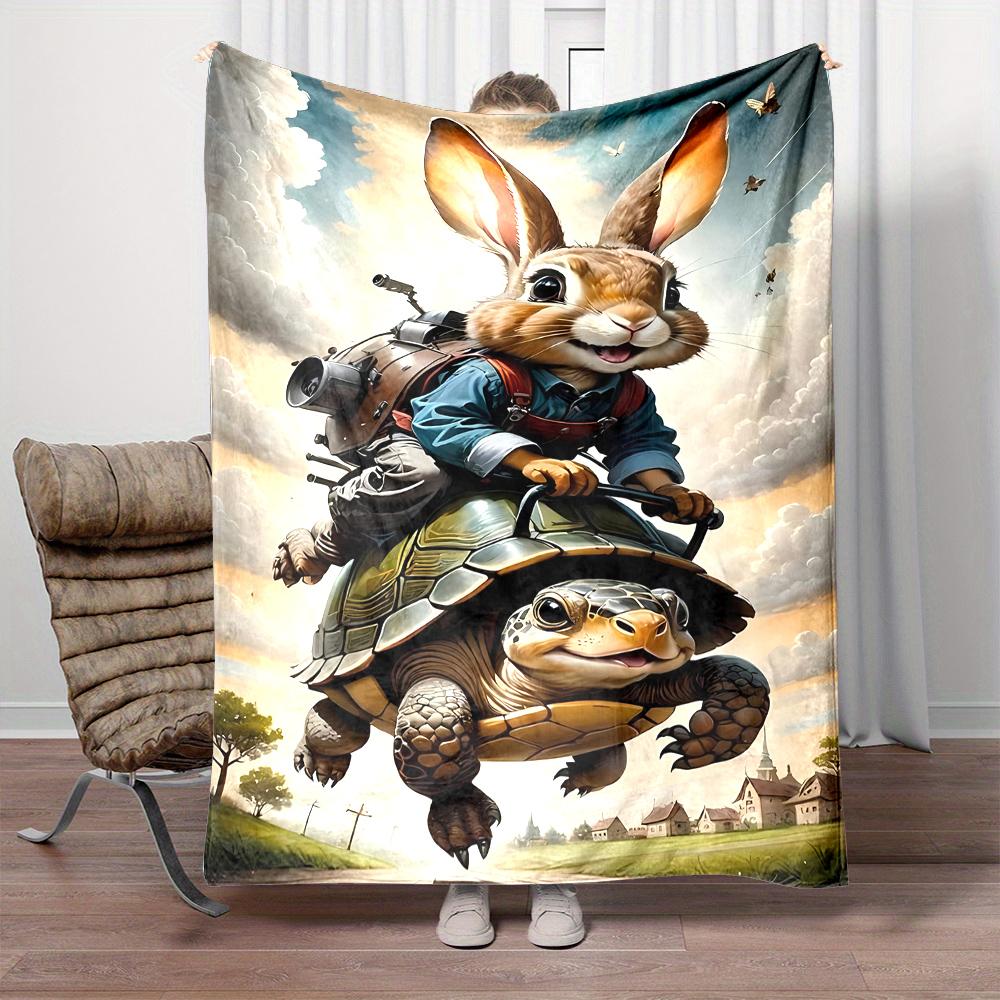 Cozy Throw Blanket Rabbit Riding Turtle Brown Big Ears Blue Shirt Giant Flying Turtle Rocket Pack Countryside Whimsical Art Gift