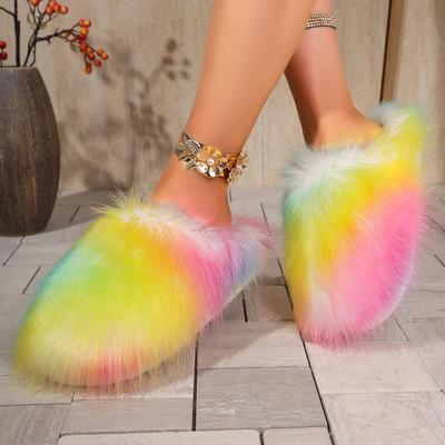 Мода 2025 Женские пушистые меховые тапочки Новые дизайнерские осенне-зимние туфли Дамские теплые повседневные мягкие роскошные Девичьи меховые тапочки шлепанцы Женские