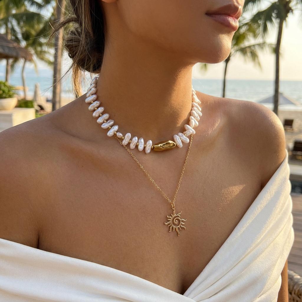 Vintage Double Layer Sun Star Pendant Necklaces for Women Baroque Imitation Pearl Layered Choker Boho Party Friendship Jewelry