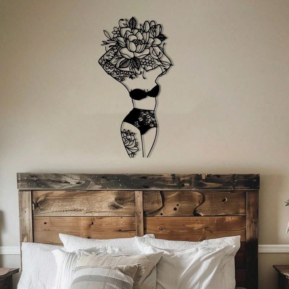 Цветочное женское тело Металлическое настенное искусство - абстрактный линейный рисунок Декор для спальни и ванной комнаты, минималистский домашний подарочный набор, подходит для современного домашнего декора