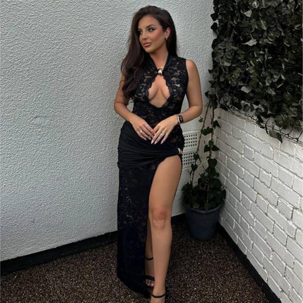 Fashionable Lace High Slit Sleeveless Solid Color Resort Beach Dress
