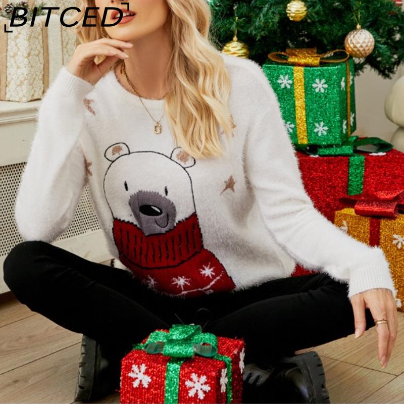 BITCED Knitted Top Christmas Cartoon Jacquard Knit Sweater Embroidered Bear Christmas Jumper