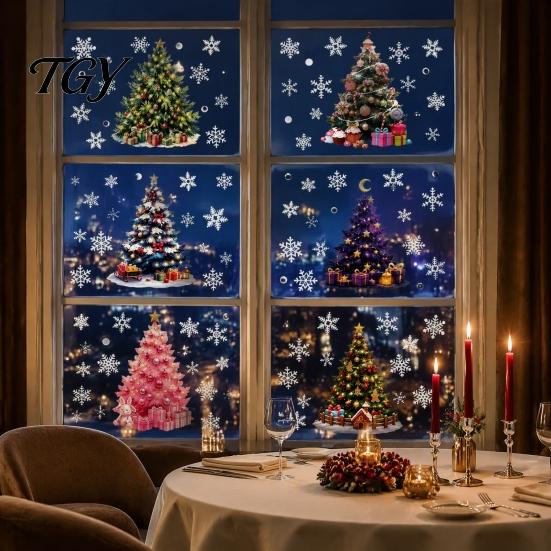 Christmas Tree Window Clings 6Pcs Colorful Snowflake Static Sticker, PVC Cling, Removable Decal Reusable Holiday Decorations for Home Decoration,