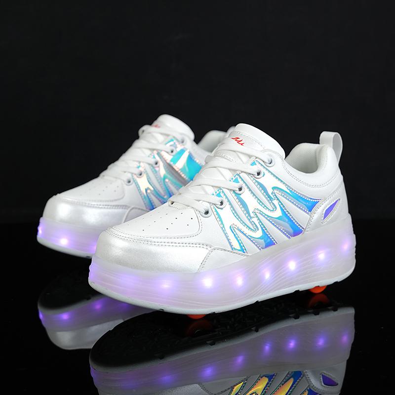 Четырехколесные детские туфли Heely с колесами, спортивная обувь с зарядкой через USB, светодиодная спортивная обувь для девочек, роликовые коньки