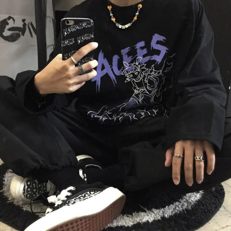 Harajuku, повседневные женские футболки, черные, готические, с мультяшным винтажным принтом, уличная одежда, мешковатые свободные футболки в стиле хип-хоп для пар, женские футболки с длинными рукавами