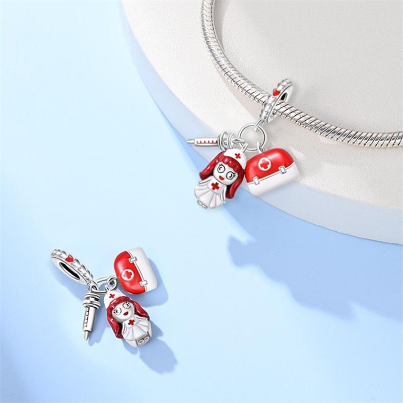 100% 925 Silver Red Heart Shaped Nurse Medicine Box Stethoscope Charms Beads Fit Qikaola Original Bracelets DIY Jewelry