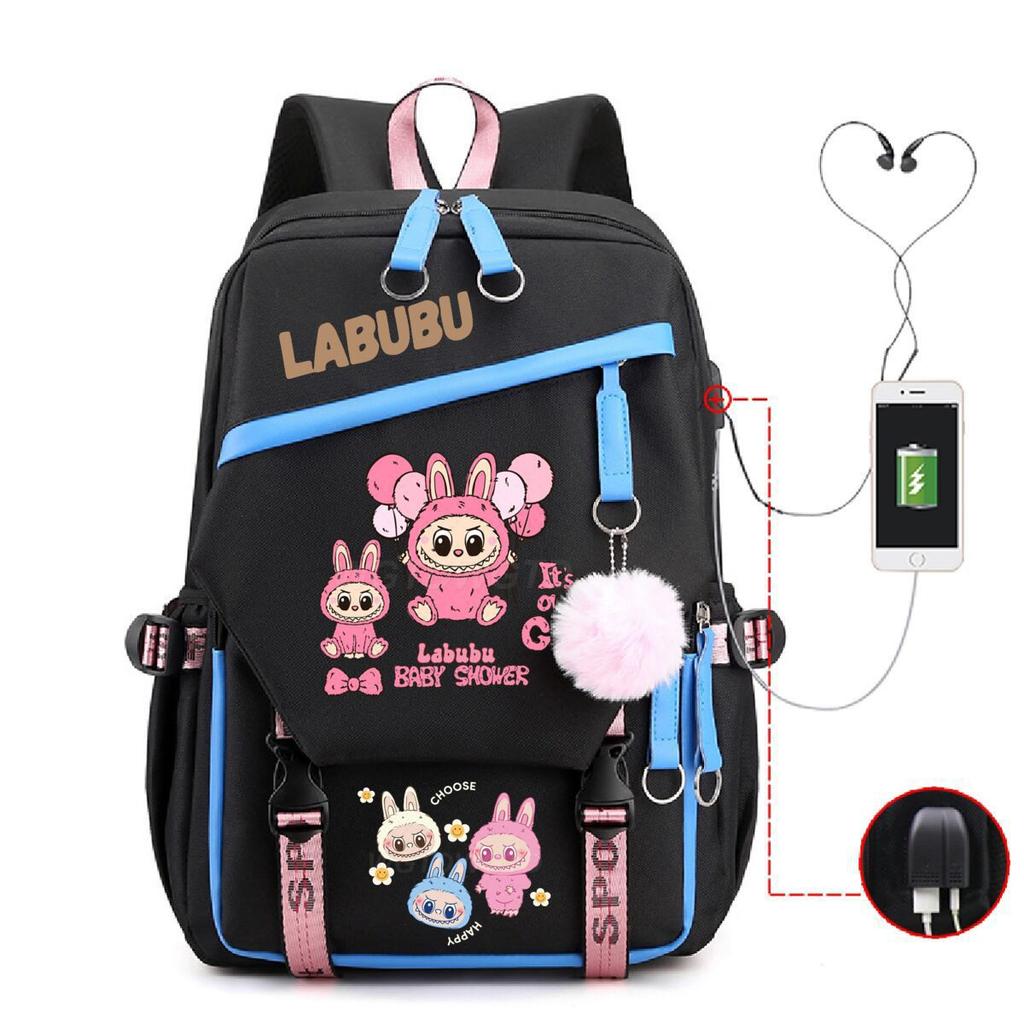 Студенческий школьный рюкзак с принтом Лабубу, многофункциональный, большой вместимости, с USB-портом