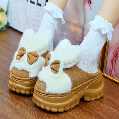 2024 Новые женские тапочки с заячьими ушками на высокой платформе, мюли, облачные меховые тапочки, женские зимние стильные шлепанцы с бантом из кролика