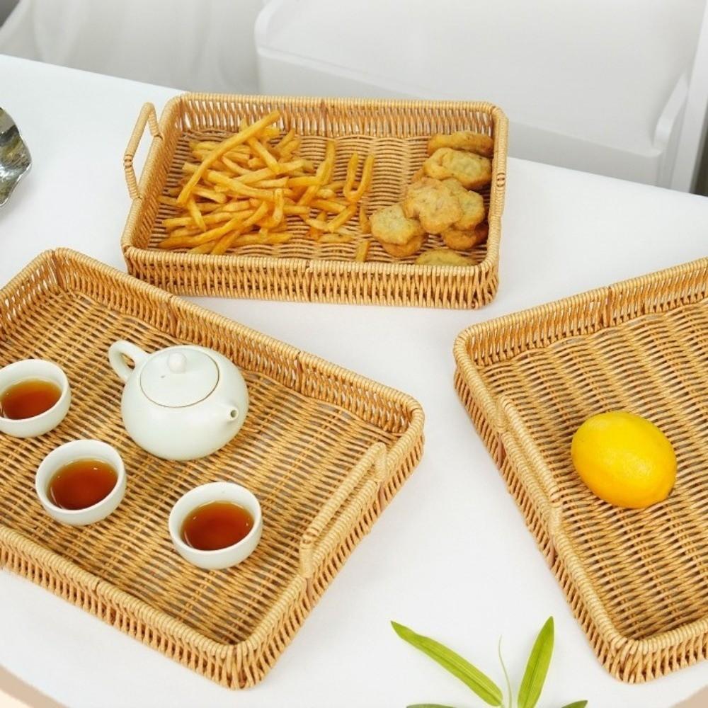 Handwoven Wicker Serving Tray Woven Handheld Plastic Rattan Storage Tray Kitchen Storage