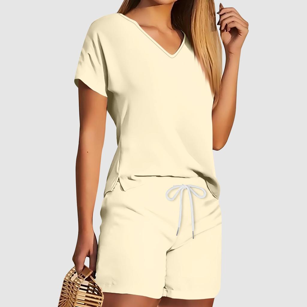 Женские комплекты футболок, футболок и шорт, повседневные комплекты с v-образным вырезом, стандартный крой, элегантные повседневные комплекты 2024, однотонные комплекты