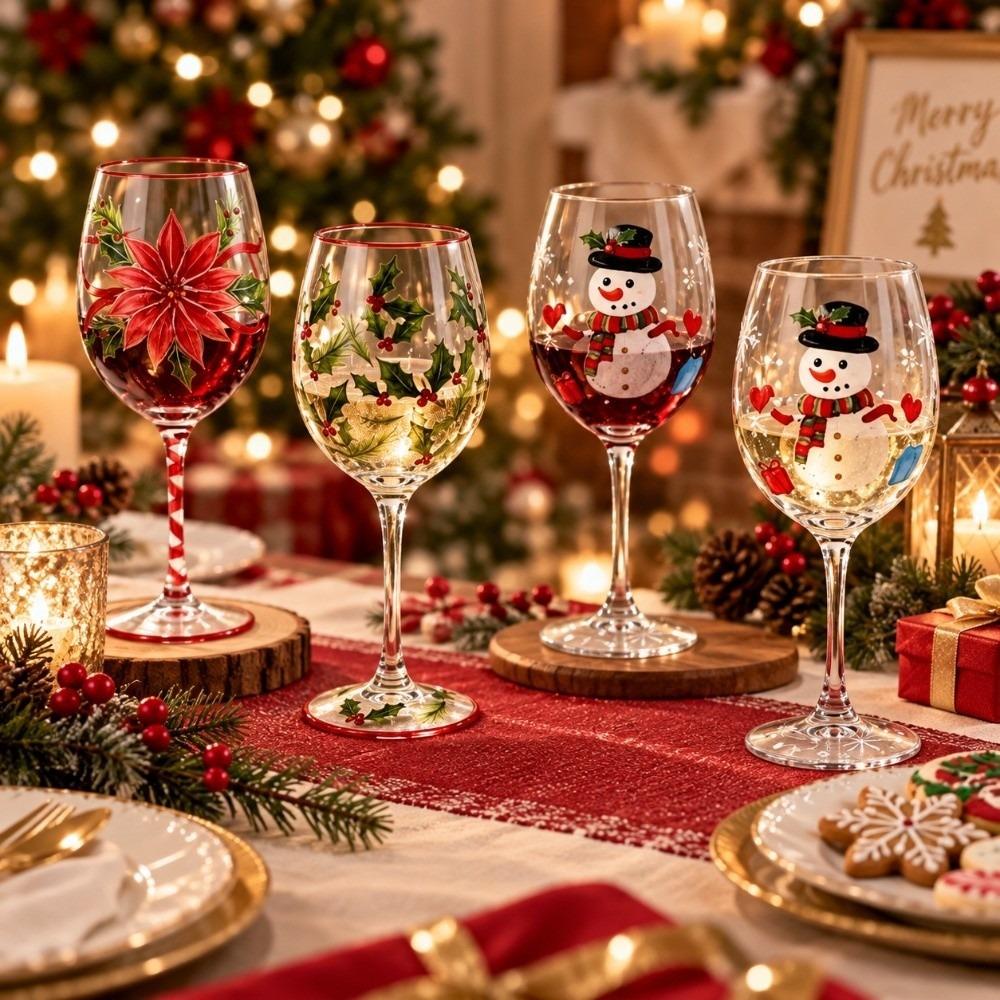 Poinsettia Clear Stemmed Cup 2D Hand Painted Glass Goblet Christmas Gifts Red Wine Cup Restaurant
