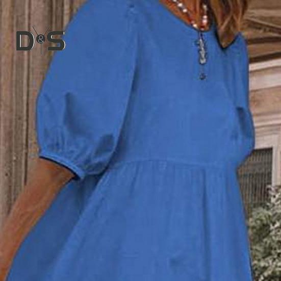 Женское летнее платье миди с короткими рукавами-фонариками и круглым вырезом, льняное платье, свободное повседневное бохо-пляжное платье