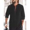 Men Henry Shirt Men's Casual Thin Cotton Linen Shirt White Black Khaki Stand Up Collar Straight Solid Color Long Sleeve Top