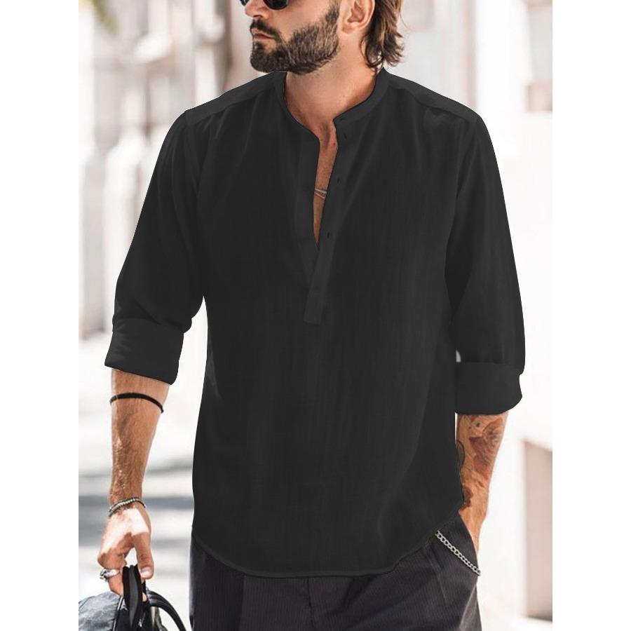 Men Henry Shirt Men's Casual Thin Cotton Linen Shirt White Black Khaki Stand Up Collar Straight Solid Color Long Sleeve Top