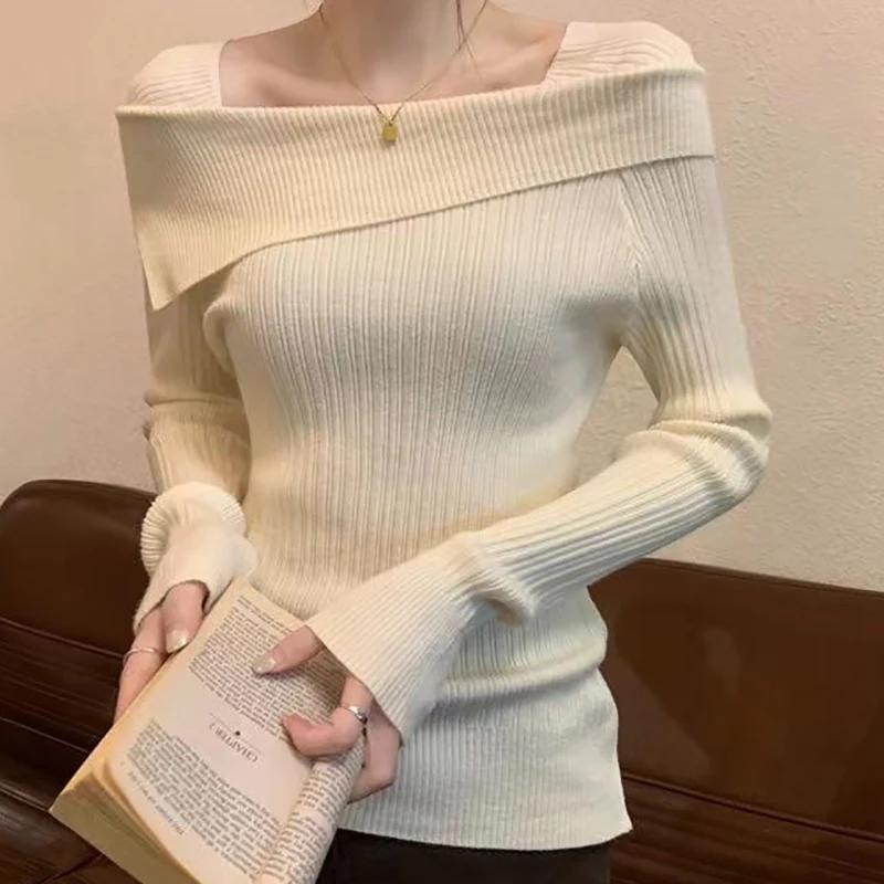Women Slim Off Shoulder Knit Sweater Slash Neck Long Sleeve Knitwear Jumpers Office Sweater For Women Autumn Winter
