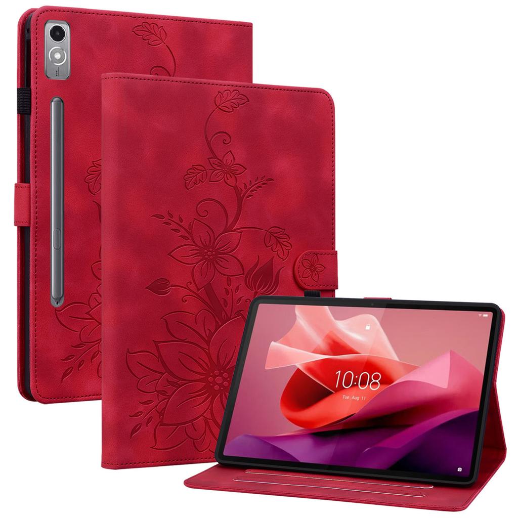 Для Lenovo Tab P12 Чехол Кожаный чехол для планшета с цветами лилии, отделениями для карт, подставкой