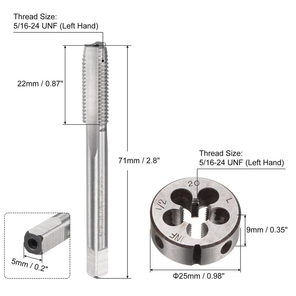 Uxcell Набор метчиков и плашек из 2 штук, 5/16-24 UNF Метчик для левой резьбы и круглая плашка, Инструмент для нарезания резьбы, Набор метчиков и плашек для ремонта резьбы гайки, винта, болта
