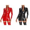 Womens Wet Look Zipper Collar Dress Patent Leather Bodycon Long Sleeve Nightclub Outfit
