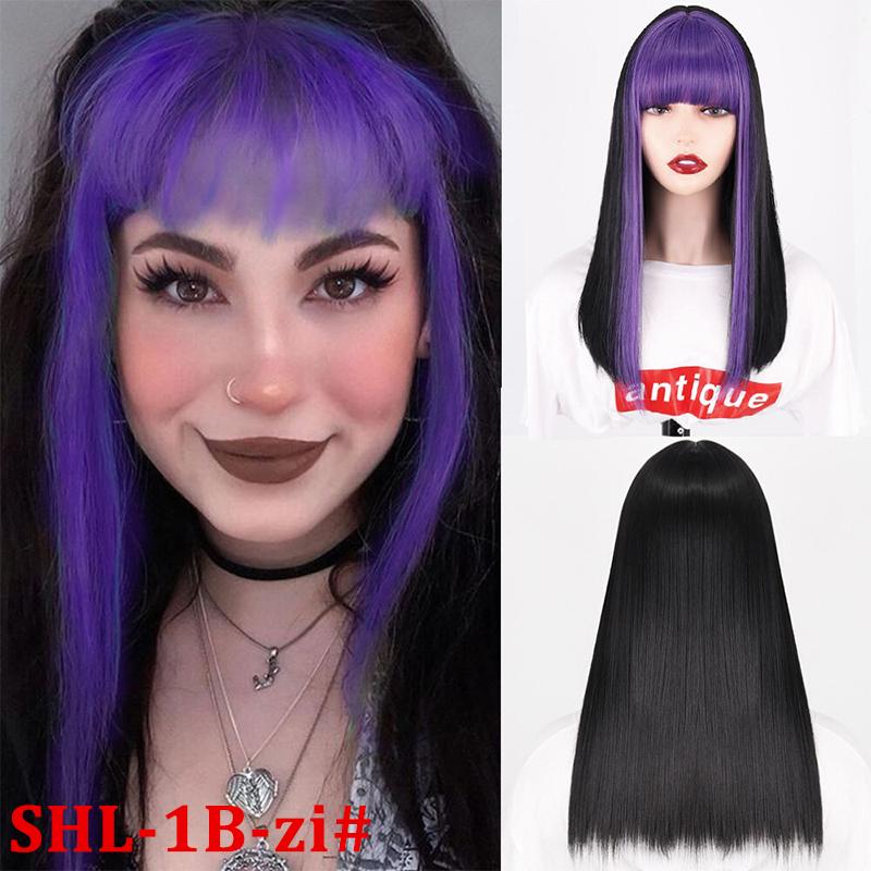 MERISIHAIR Women Straight Mixed Color Hair Wig with Bangs Black Hair with Blond Red Purple Pink Bangs Synthetic Fiber Cosplay Party Wig