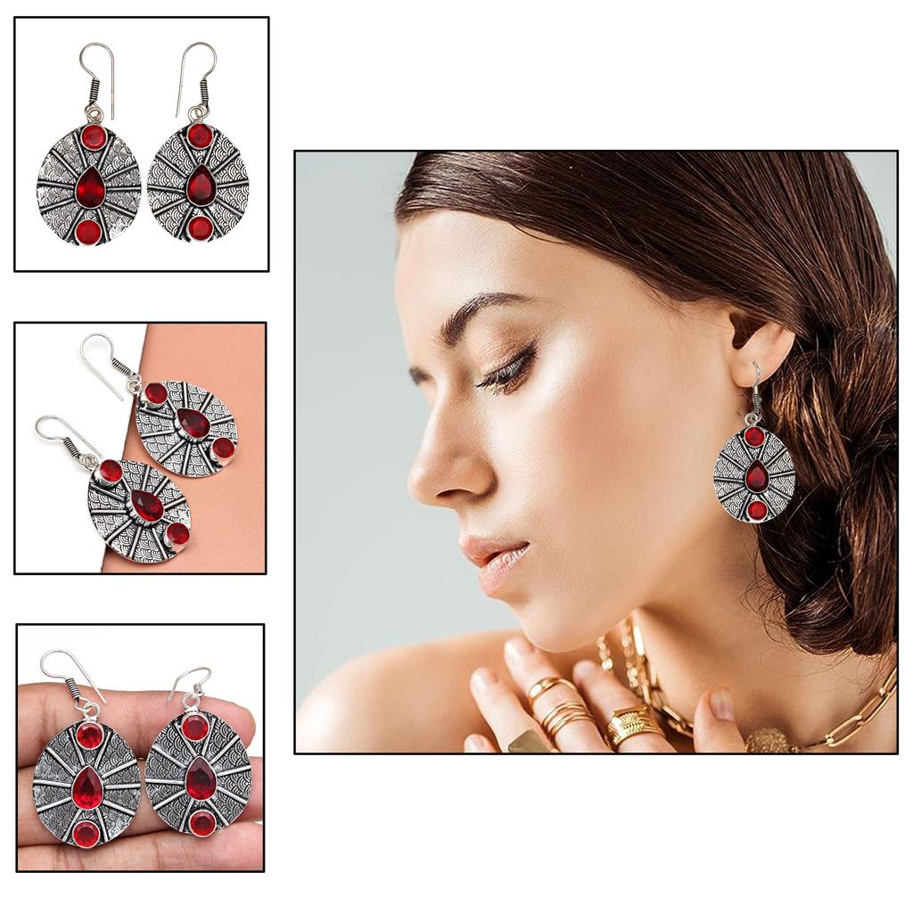 Mozambique Garnet Gemstone Unisex Women's Silver Jewelry Earring 1.5''