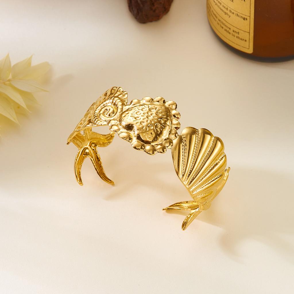 Fashion Shell Starfish Stainless Steel Cuff Bracelet for Women Boho Heart Conch Open Bangle Summer Party Jewelry Gift