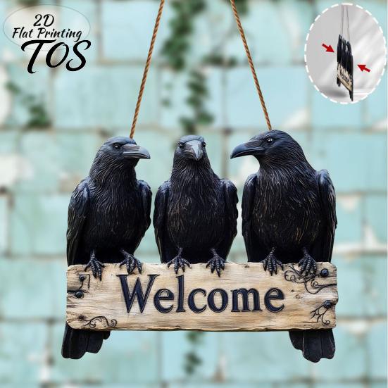 Rustic Wood Wall Art Halloween Crow Door Hanger Sign, Wooden Black Welcome Gothic Natural Hemp Rope Sign Hanging Plaque, Vintage Outdoor Decor