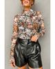 Brown Floral Long Sleeve High Neck Sheath Mesh Blouse