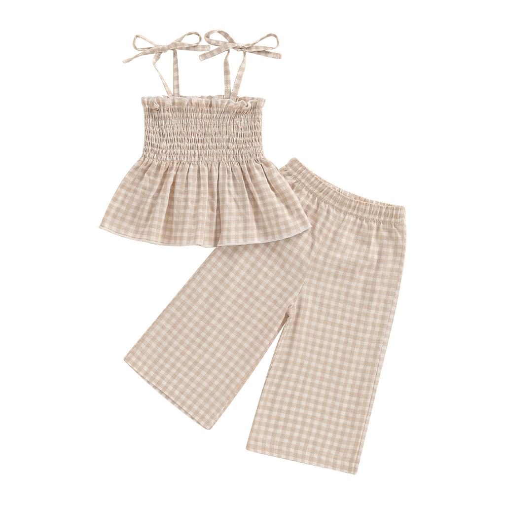 Toddler Girl Summer Outfit Plaid Tie-Up Spaghetti Strap Ruched Sleeveless Tank Tops and Loose Pants 2Pcs Clothes Set