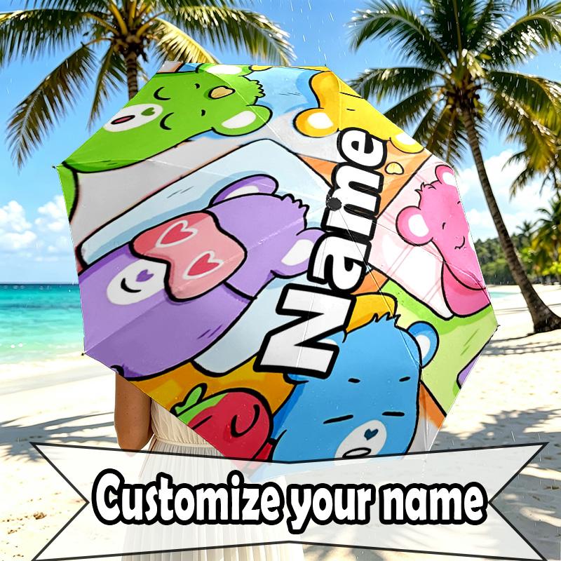 Custom Name Personalized Care Bears Print Umbrella, Auto Open Close, 8‑Rib Sturdy Frame, Commute Camping Hiking Use, Birthday Gift
