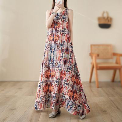 2024 Новое женское летнее платье, женское длинное платье без рукавов, льняная одежда с цветочным принтом
