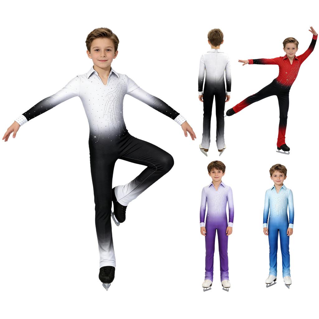 Boys Sparkly Rhinestones Full Body Jumpsuit Long Sleeve Long Pants Color Gradient Figure Skating Dance Bodysuit
