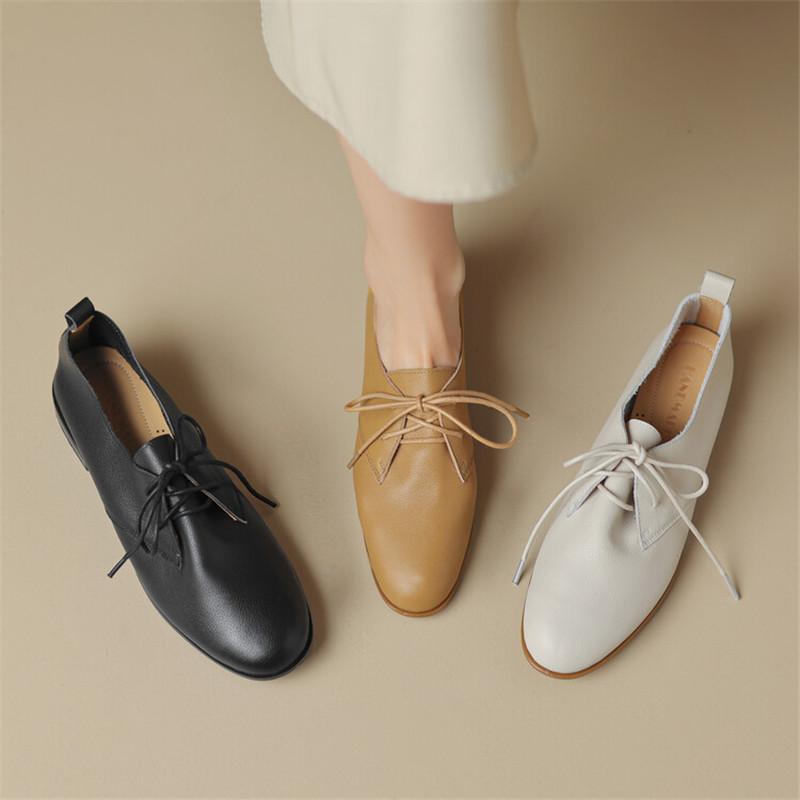 Fashion New Genuine Leather Loafers Spring/Autumn Round Toe Chunky Heel Women Pumps Lace Shoes for Women Ladies Shoes Comfort Low Heels