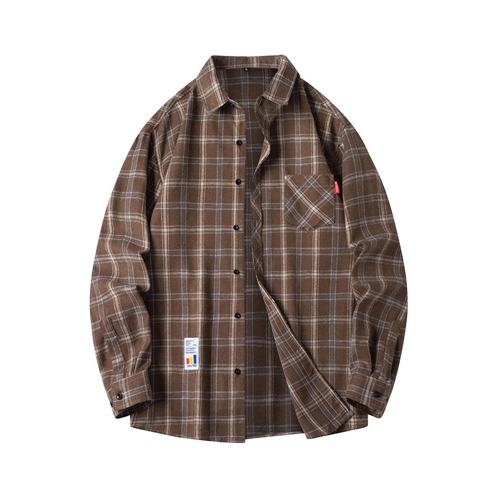 Мужская весенняя клетчатая модная свободная рубашка с заниженной линией плеч и воротником-стойкой, длинный рукав