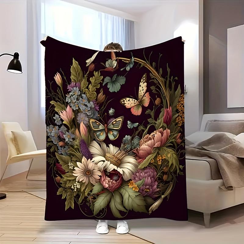1pc Vintage Flower Basket Butterfly Print Blanket, Warm And Comfortable All Seasons, Suitable for Bedroom, Camping Travel Multifunctional Bl