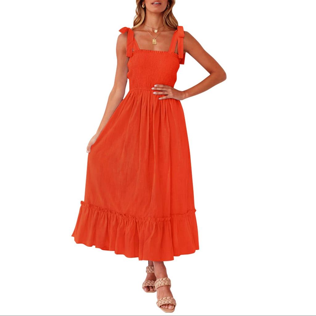 Женские модные богемные бретели с квадратным вырезом, однотонные пляжные длинные платья трапециевидной формы с рюшами