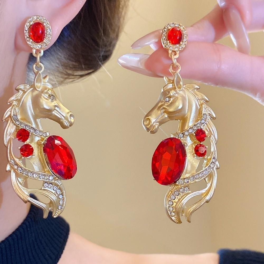Rhinestone Crystal New Year Horse Earrings Cartoon Horse Mascot Drop Earrings  Party