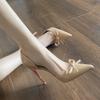 2025 Side Empty New Nude Bow French High Heels Femininity Patent Leather Pointed Heel Summer Single Shoes Women
