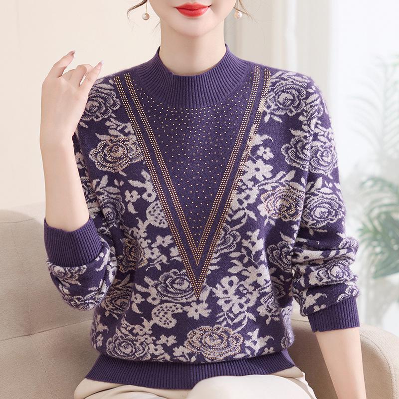 Chic Autumn/Winter Velvet-Lined Half-High Collar Warm Sweater for Stylish Middle-Aged & Elderly Women