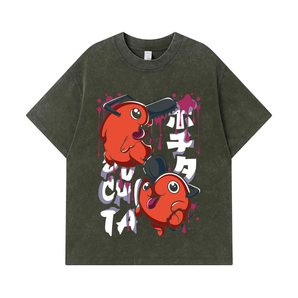 275 GSM Washed T-shirts 100% Cotton Chainsaw Man V37 Pochita Print Unisex Heavy Cotton T Shirt