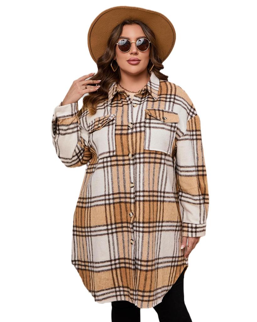 Azura Exchange Khaki Plus Size Plaid Chest Pockets Long Shacket