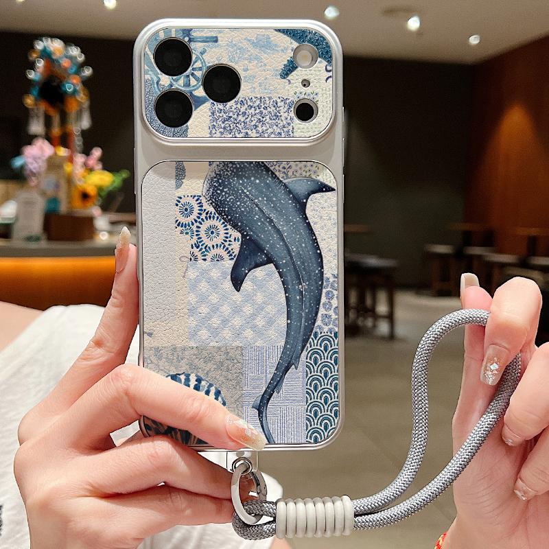 Синие Рыба Кит Океан Телефон Кожаный Шнурок Чехол Для iPhone 18 Pro Max Гибридный TPU+PU Противоскользящий Мягкий Чехол Для iPhone 17 16 15 14 13 Pro Max