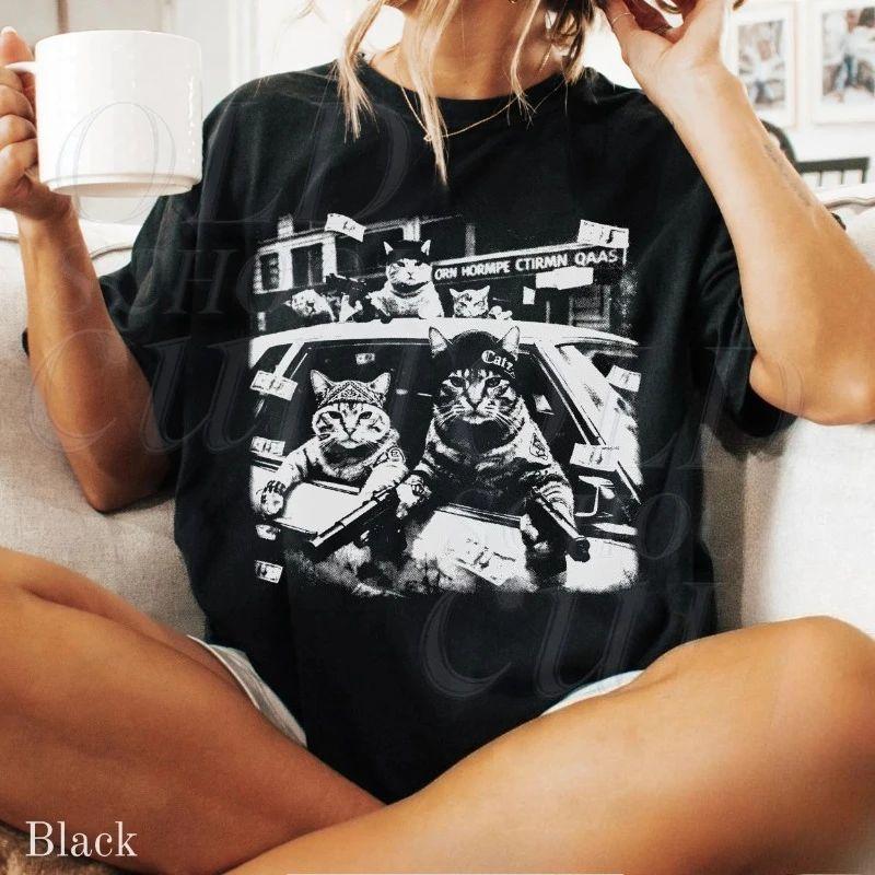 Y2k Vintage Black Cat Tee Gangster Cats Graphic T Shirt, Retro Streetwear Shirts Funny Cat Top Oversized Cool Tshirt Unisex