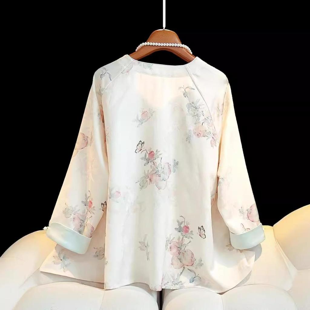 Women's Retro Chinese-Style Jacquard Shirt - Summer Round Neck, Button-Down, Elegant and Sweet Design