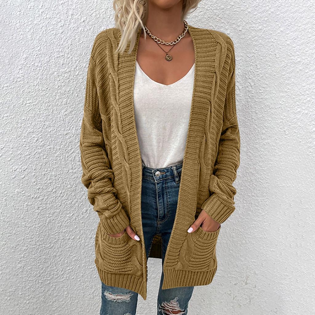 Женский однотонный свободный трикотажный кардиган средней длины с длинным рукавом для женщин