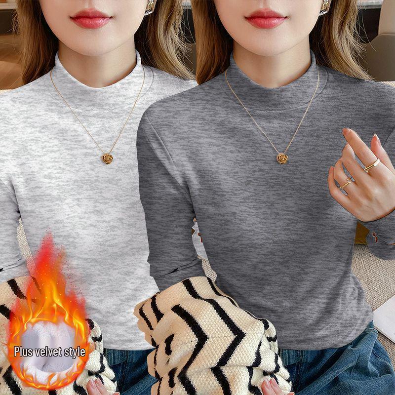 Осень 2025 Большой размер Приталенный Топ-база с длинным рукавом Свободный для женщин с воротником-стойкой