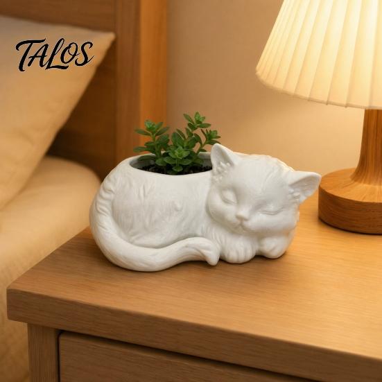 Талос 3D-печатный цветочный горшок 'Спящий кот', Мини-горшок для рабочего стола, Декоративный держатель для суккулентов и маленьких зеленых растений