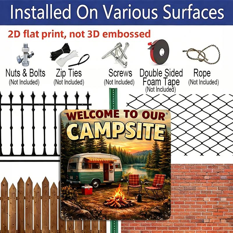 2D Flat, 1pc Vintage Metal Camp Sign - Rustic "Welcome To Our Campsite" Wall Decor Plaque Suitable for Outdoor Use, Cabin, RV, Entrance - Camping