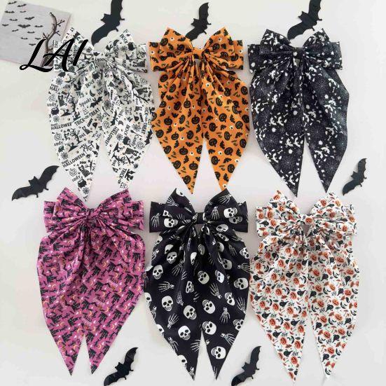 Comfortable Spring Clip Hairpin Halloween Bow Hair Clips for Women Pumpkin Skeleton Ghost Hand Printed Fabric Barrettes Cute Horror Accessories