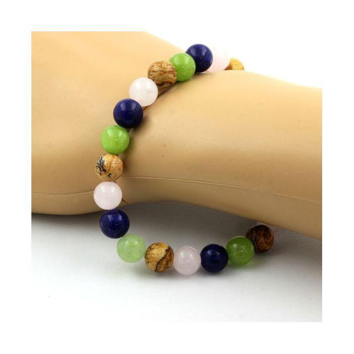 Pierres et Minéraux. Bracelet Perles Lapis Lazuli + Jaspe Paysage + Péridot + Quartz rose 8 Fabriqué en France.