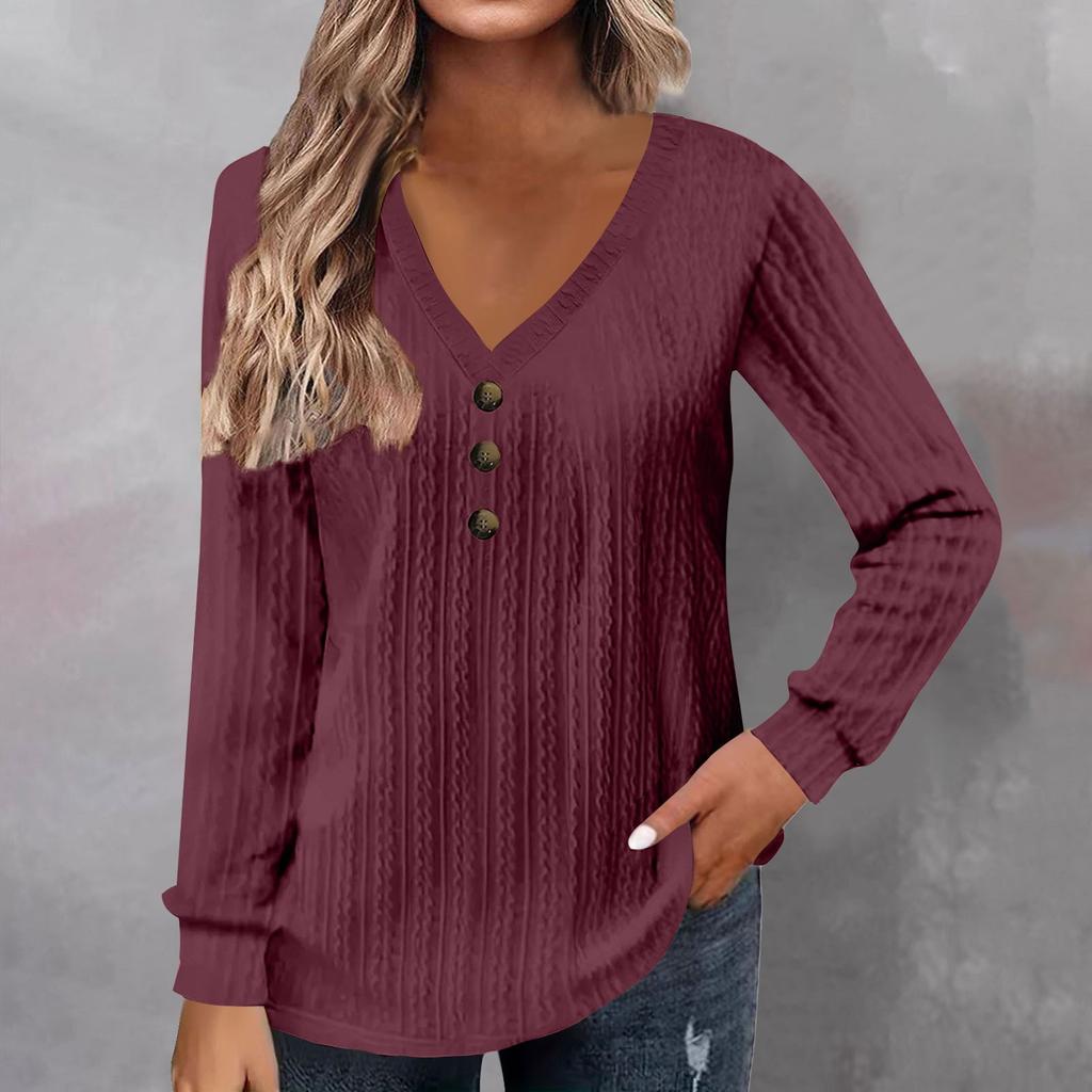 Women's Fashion Long Sleeve Solid Colour V-Neck Button T-Shirt Printed Casual Top
